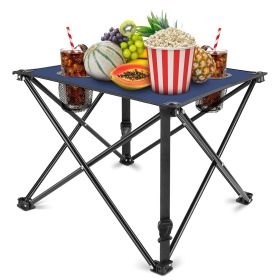 1Pc Foldable Camping Table Portable Picnic Table Lightweight Travel Desk with 2 Cup Holders Carrying Bag (Color: Navy-Blue)